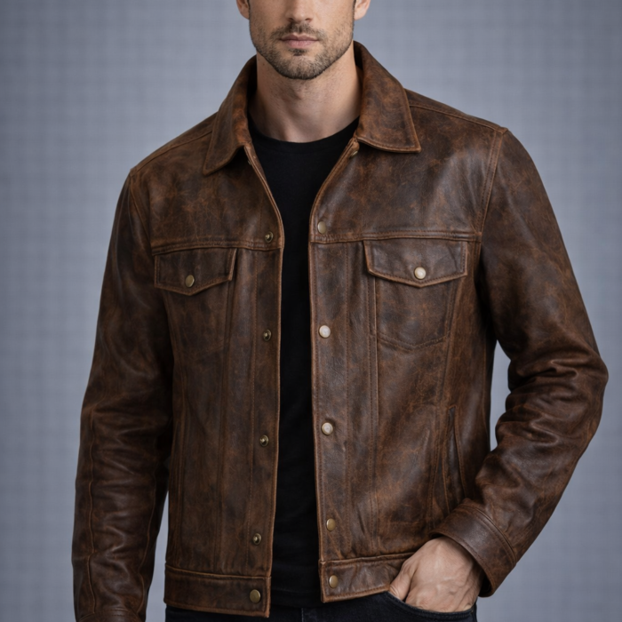 Men's Brown Distressed Lambskin Leather Trucker
