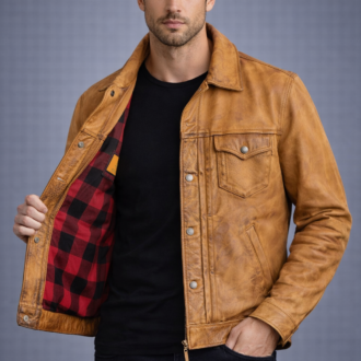 Men's Camel Brown Trucker Leather Jacket