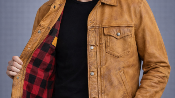 Men's Camel Brown Trucker Leather Jacket