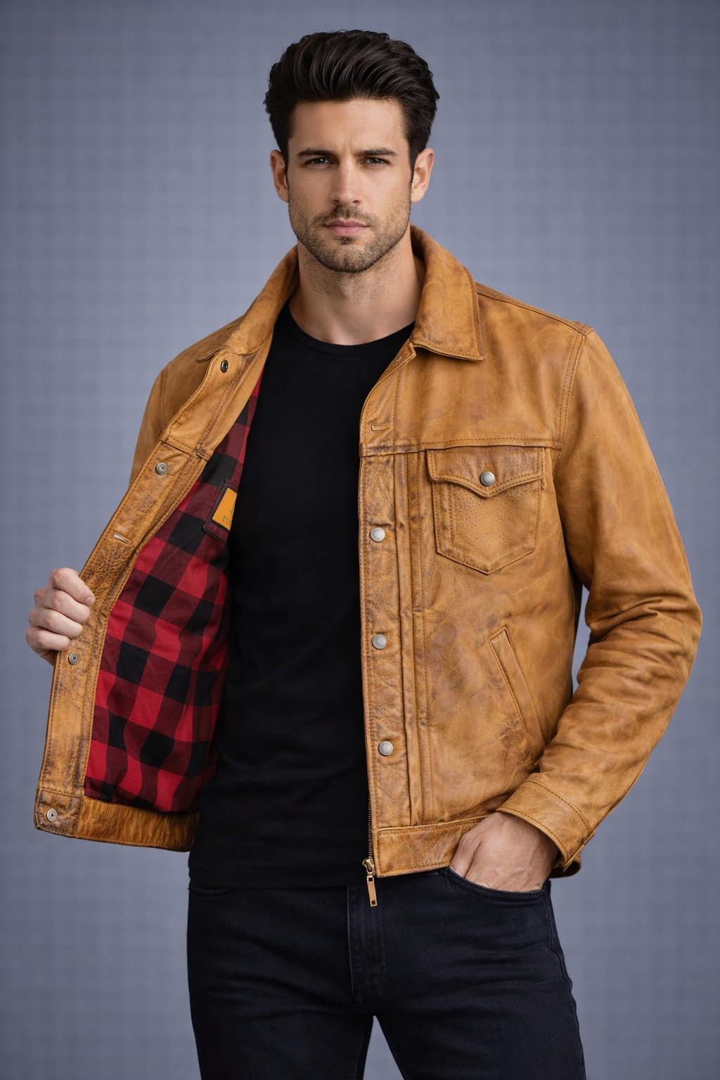 Men's Camel Brown Trucker Leather Jacket Men's Camel Brown Trucker Leather Jacket