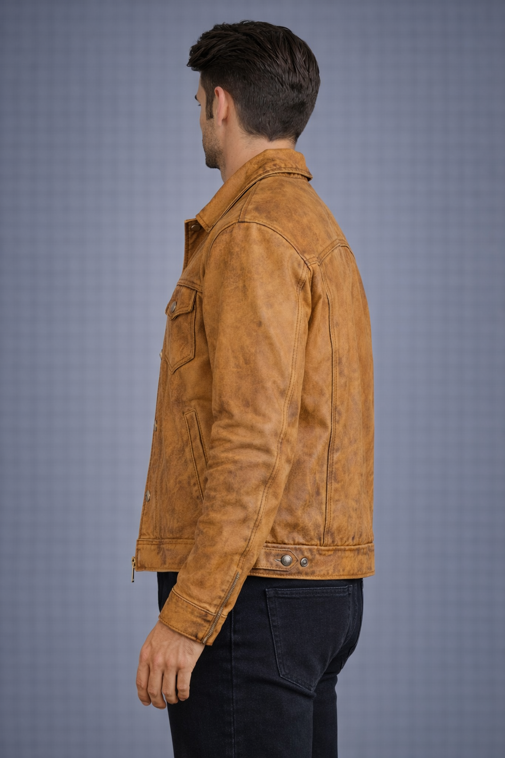 Men's Camel Brown Trucker Leather Jacket Men's Camel Brown Trucker Leather Jacket