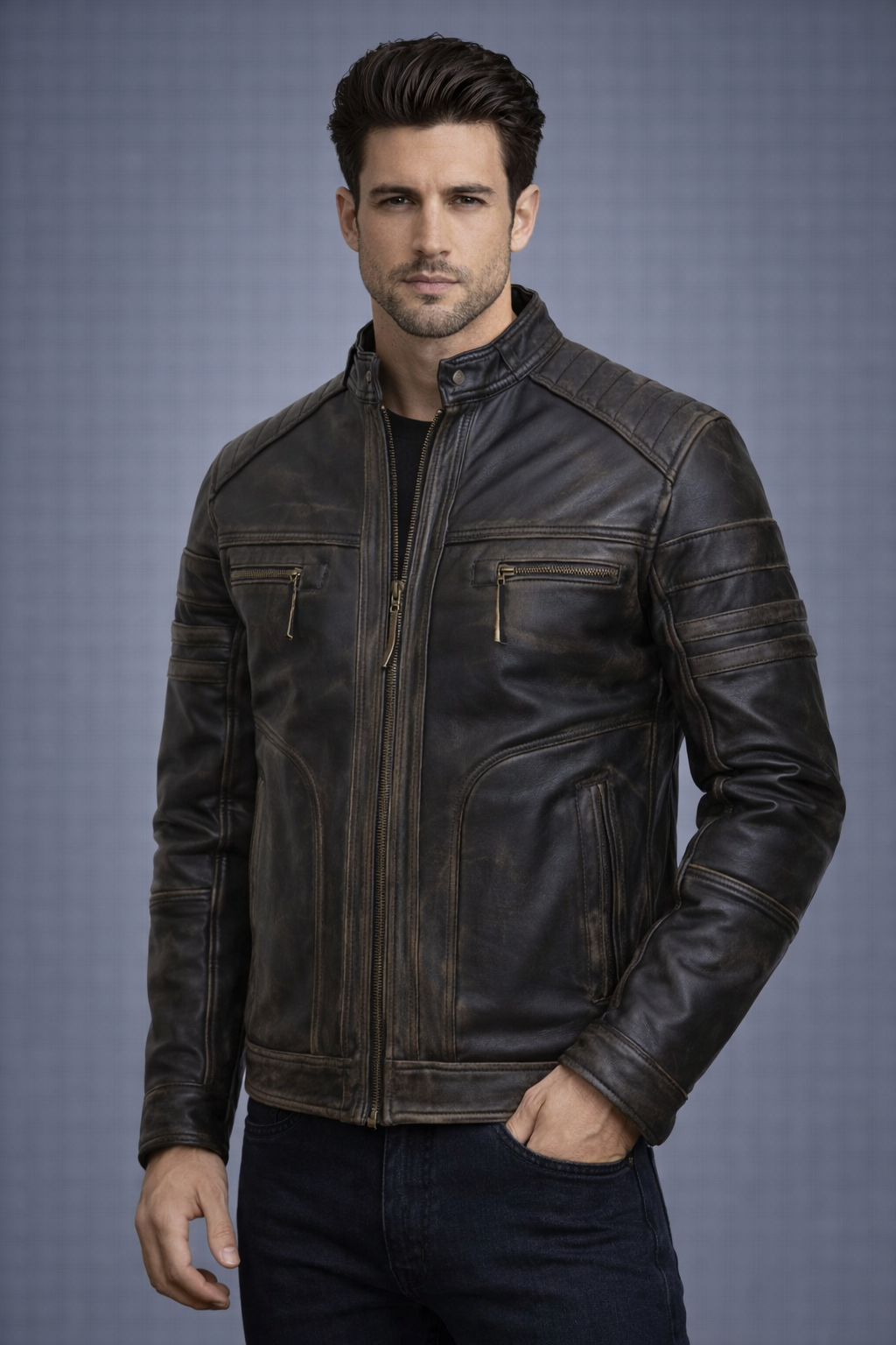 Brown Vintage-Style Distressed Leather Cafe Racer Jacket Brown Vintage-Style Distressed Leather Cafe Racer Jacket