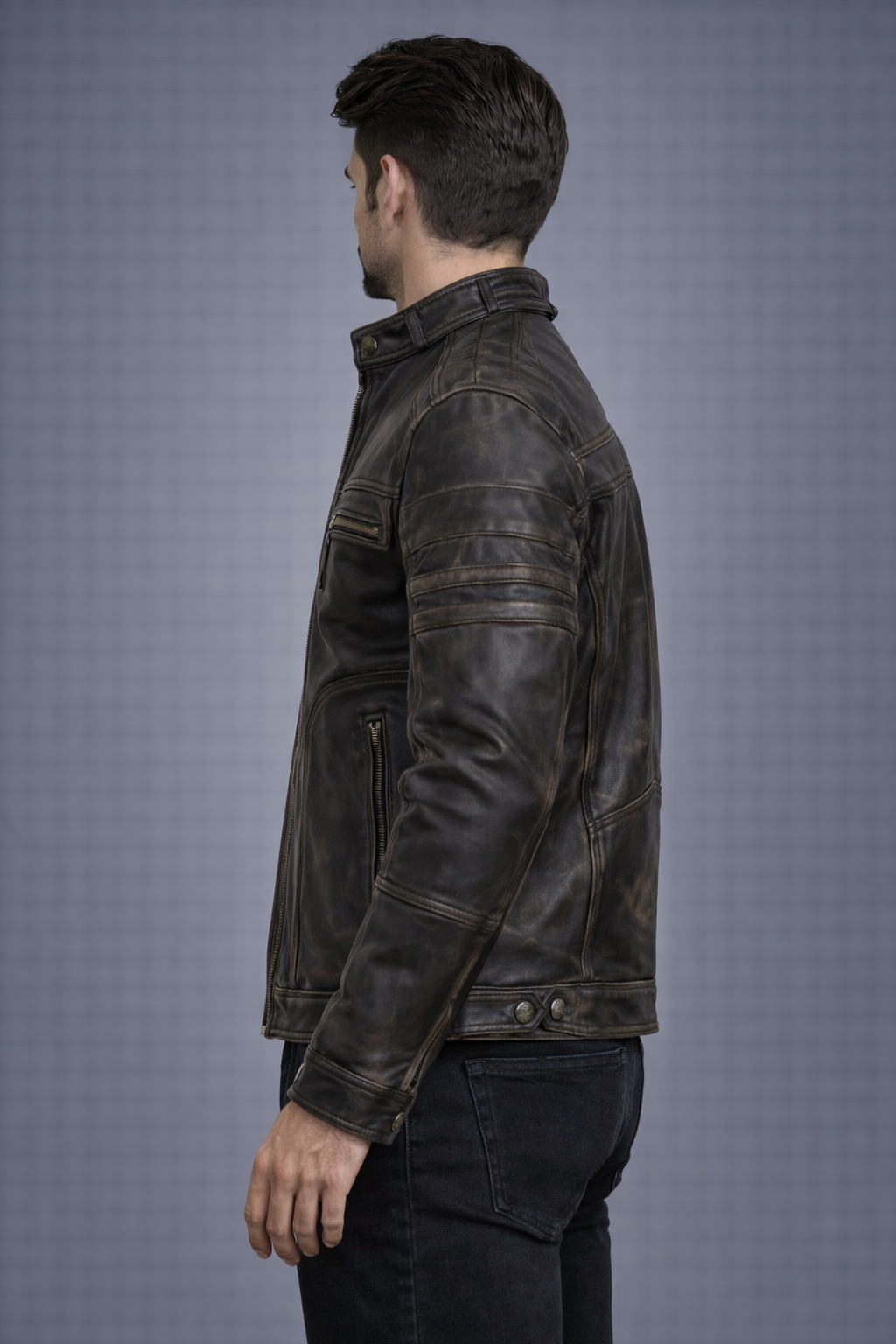 Brown Vintage-Style Distressed Leather Cafe Racer Jacket Brown Vintage-Style Distressed Leather Cafe Racer Jacket
