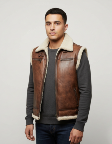 Men's brown sheepskin shearling leather B3 bomber vest