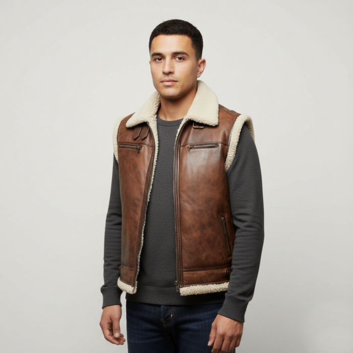 Men's brown sheepskin shearling leather B3 bomber vest