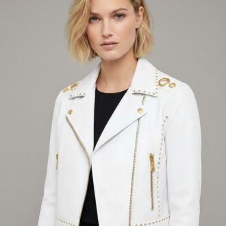 Women White Studded Leather Jacket