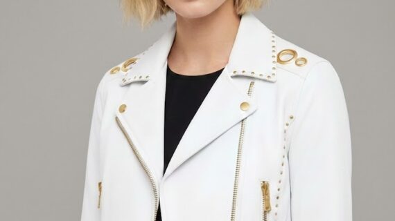 Women White Studded Leather Jacket