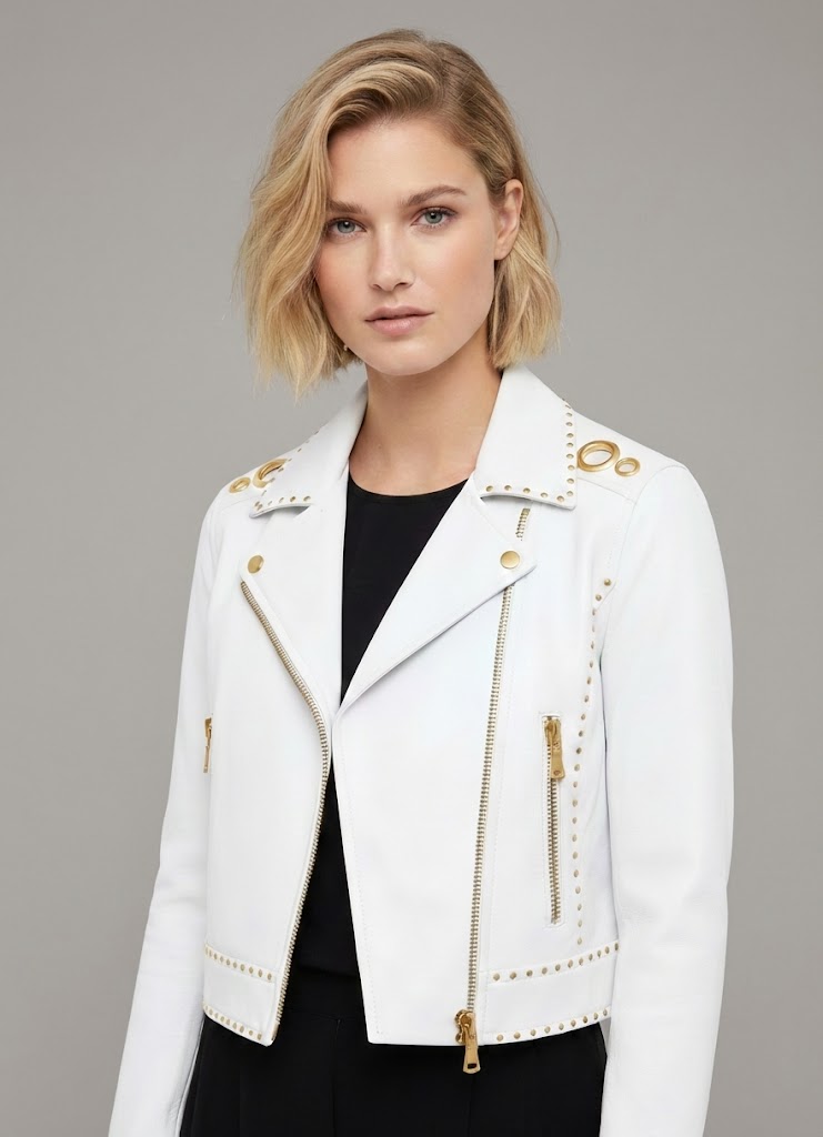 Women White Studded Leather Jacket Women White Studded Leather Jacket