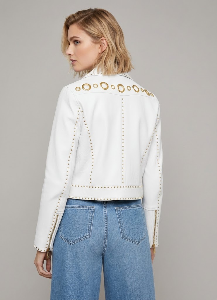 WHITE GOLD STUDDED MOTO JACKET MODEL BACK Women White Studded Leather Jacket
