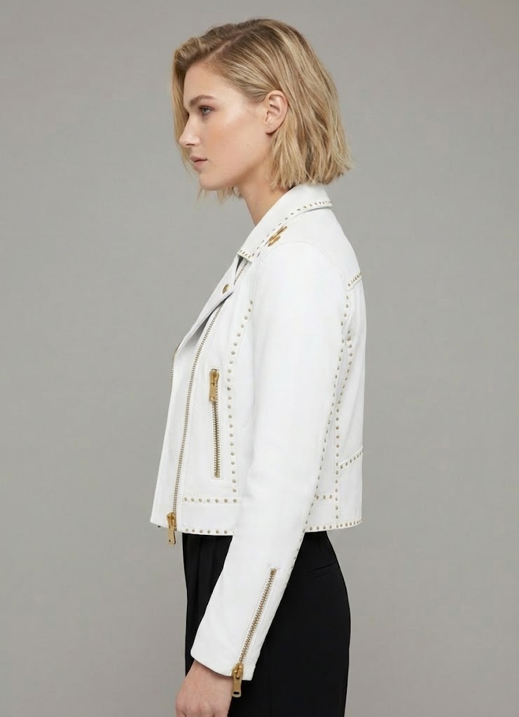 WHITE GOLD STUDDED MOTO JACKET SIDE Women White Studded Leather Jacket