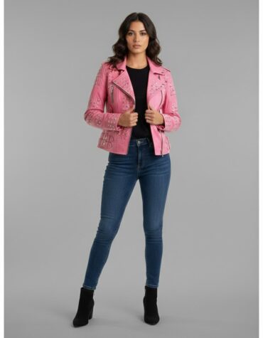 Women's Striking Pink Studded Leather Biker Jacket