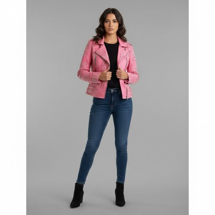Women's Striking Pink Studded Leather Biker Jacket
