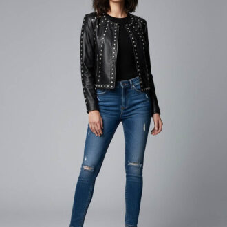 Women Studded Leather Jacket in Black