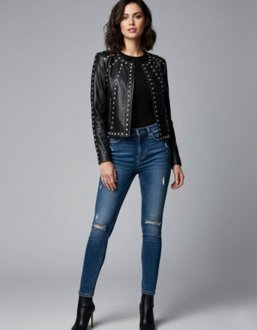 Women Studded Leather Jacket in Black