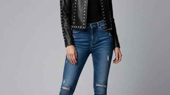 Women Studded Leather Jacket in black