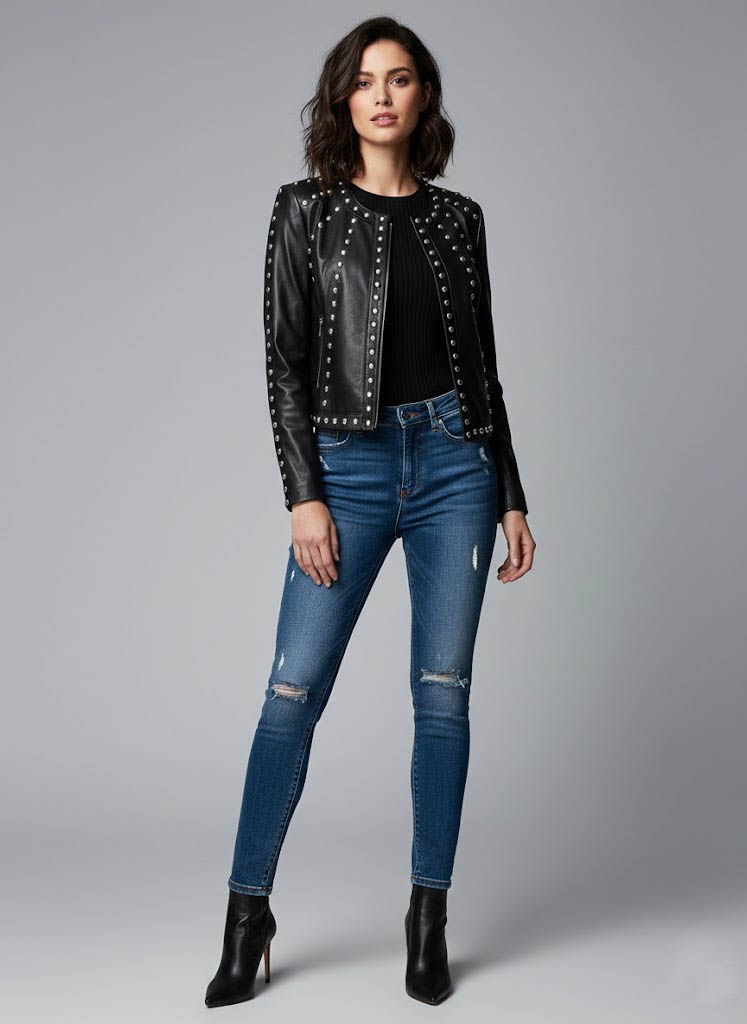 Women's Studded BLACK Biker Jacket FRONT Women Studded Leather Jacket in Black