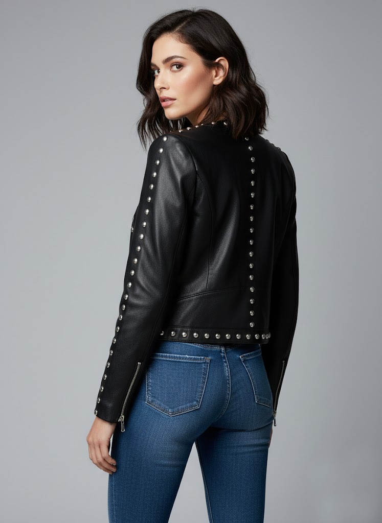 Women's Studded BLACK Biker Jacket MODEL BACK Women Studded Leather Jacket in Black