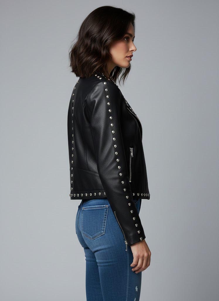 Women's Studded BLACK Biker Jacket SIDE Women Studded Leather Jacket in Black