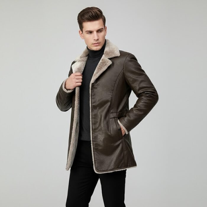 Men's Faux Leather Long Jackets Lapel Collar Warm