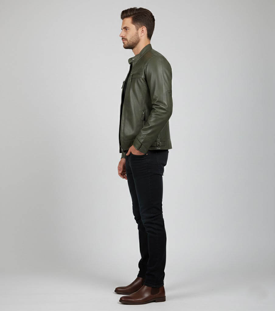 Men's Olive Green Cafe Racer Leather Jacket Men's Olive Green Cafe Racer Leather Jacket