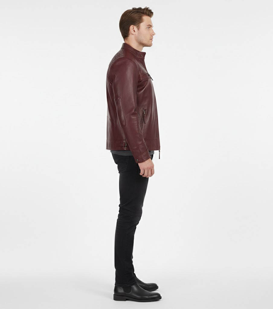 Trendy Maroon Cafe Racer Leather Jacket for Men Trendy Maroon Cafe Racer Leather Jacket for Men
