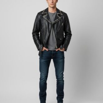 Men Leather Biker Jacket With Prominent Silver Stud