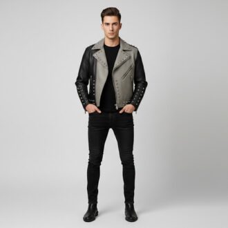 Men Black and Grey Studded Leather Biker Jacket