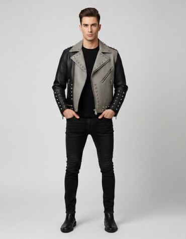 Men Black and Grey Studded Leather Biker Jacket