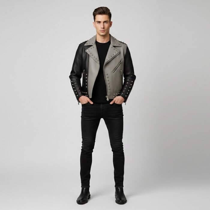 Men Black and Grey Studded Leather Biker Jacket
