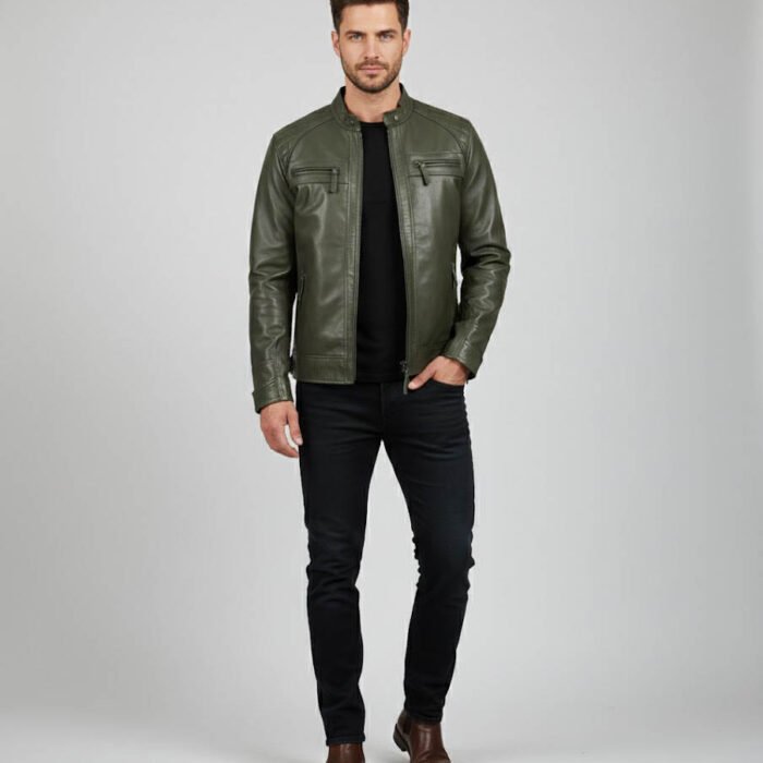 Men's Olive Green Cafe Racer Leather Jacket