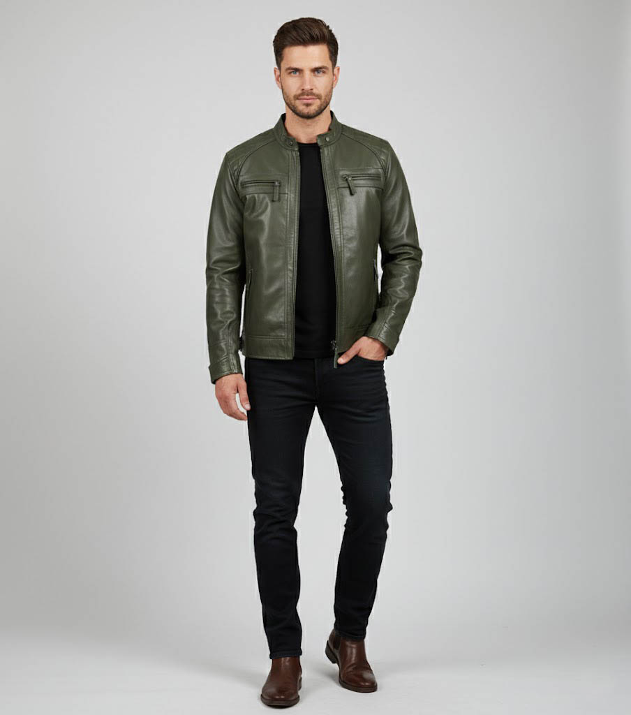 Men's Olive Green Cafe Racer Leather Jacket Men's Olive Green Cafe Racer Leather Jacket