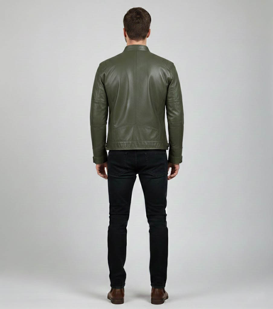 Men's Olive Green Cafe Racer Leather Jacket Men's Olive Green Cafe Racer Leather Jacket