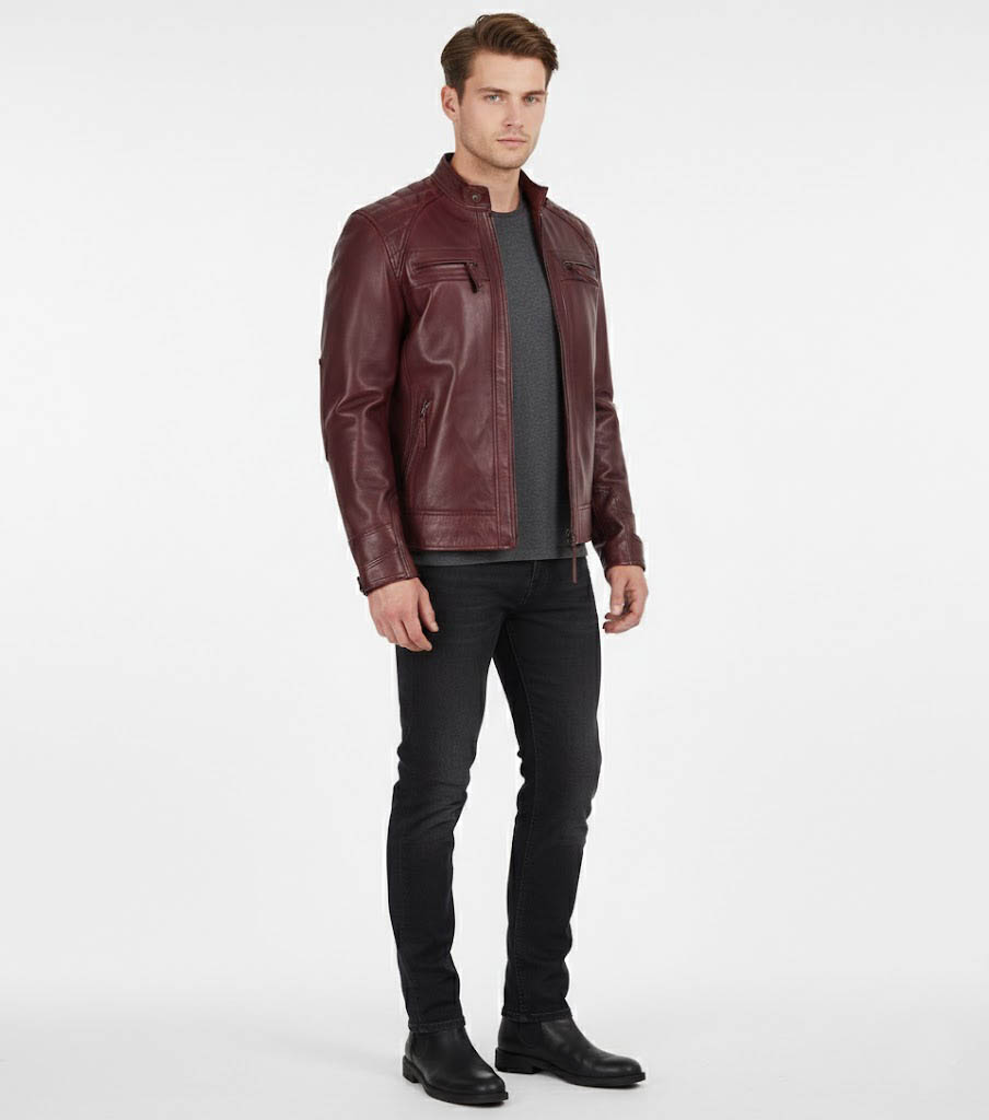 Trendy Maroon Cafe Racer Leather Jacket for Men Trendy Maroon Cafe Racer Leather Jacket for Men