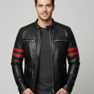 Men's Red Stripes Black Biker Jacket