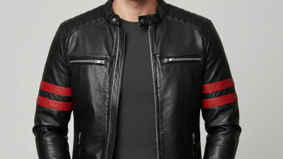 Men's Red Stripes Black Biker Jacket