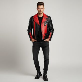 Men Black and Red Leather Biker Jacket