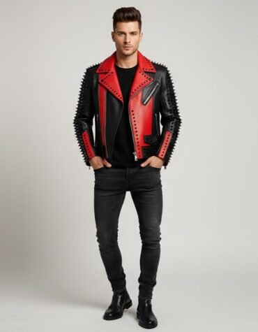 Men Black and Red Leather Biker Jacket