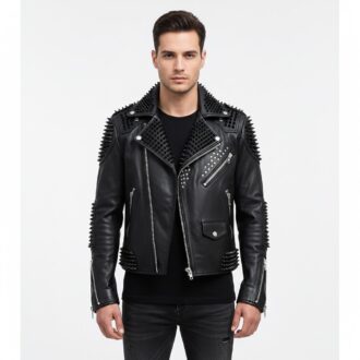 Men's Black Silver Studded Leather Biker Jacket