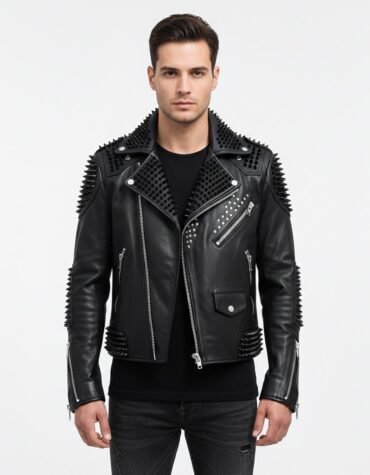 Men's Black Silver Studded Leather Biker Jacket
