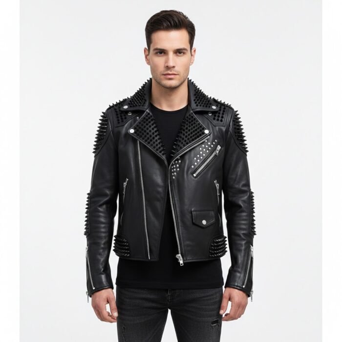 Men's Black Silver Studded Leather Biker Jacket