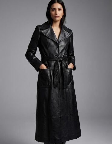 Black leather trench coat for women