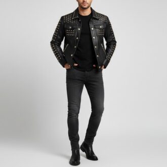 Men's Gold Studded Leather Rockstar Biker Jacket