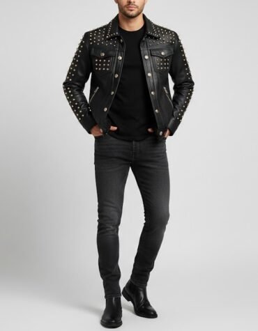 Men's Gold Studded Leather Rockstar Biker Jacket