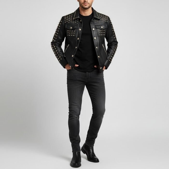 Men's Gold Studded Leather Rockstar Biker Jacket