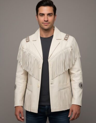 Men's White Western-Style Leather Jacket