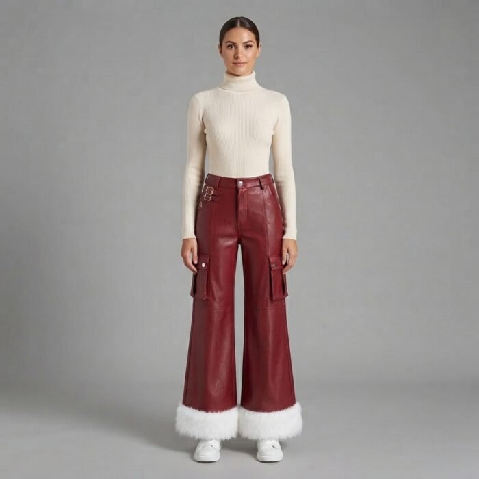 Women's Burgundy Leather Pant with white furr