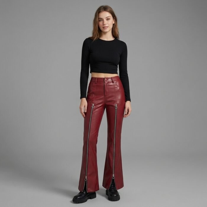 Women's Burgundy Leather Pant with zipper