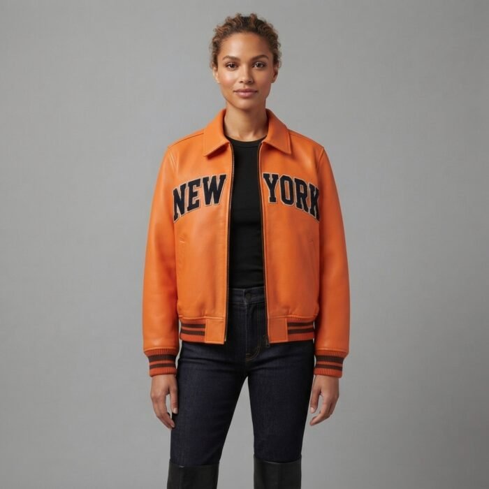 Women's Orange Varsity Leather Jacket