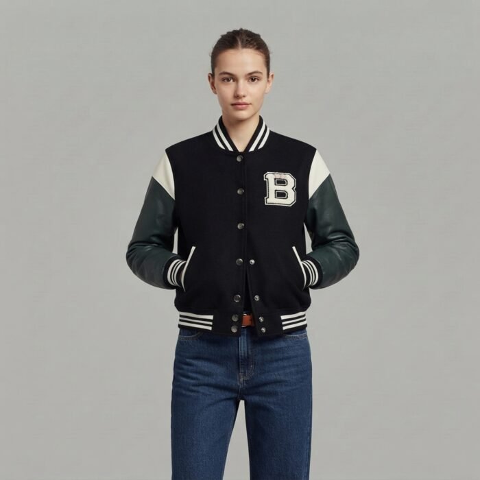 Women's Black & White Varsity Leather Jacket