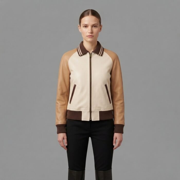 Women's Brown & White Varsity Leather Jacket